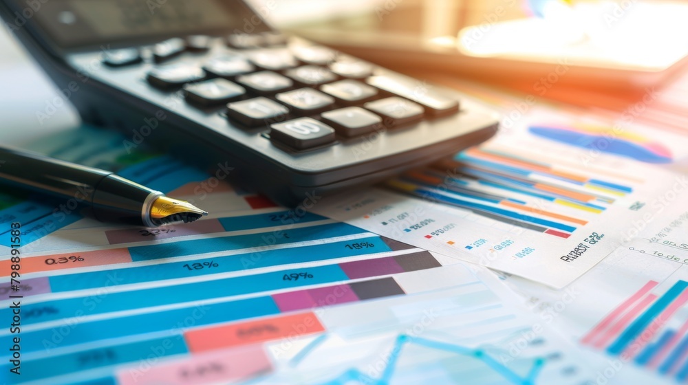 A calculator and pen resting on a financial report filled with colorful graphs and data analysis. A calculator and pen resting on a financial report filled with colorful graphs and data analysis.