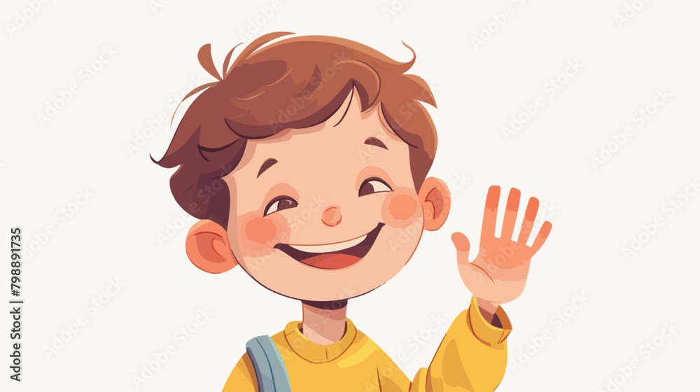 Happy kid waving hi. Cute child character raising h