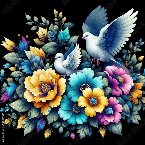 Floral artistic image of black background blue yellow magenta green Dove with her babies