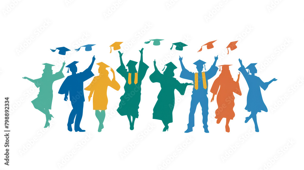 Colorful art watercolor painting illustration of many happy students in gowns, education, graduation study, university and labor market, graduate concept, transparent, cutout background