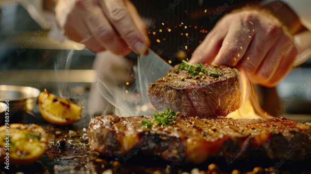 A chef expertly seasoning a premium cut of steak before grilling, showcasing the artistry of steak preparation.