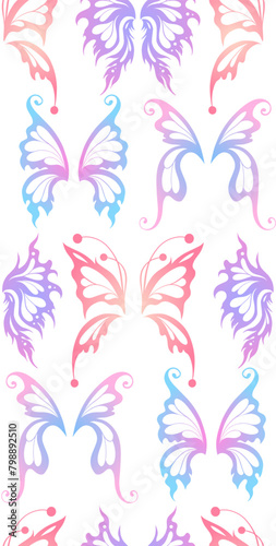Vector seamless soft magic pattern with gradient silhouettes of fairy wings in pastel colors on a white background. Neon texture with butterfly wings for fabrics and wallpapers (ID: 798892510)