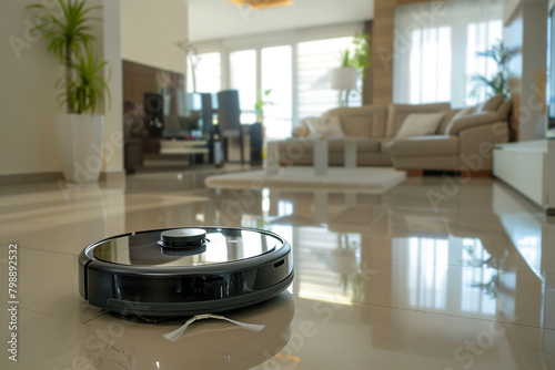 Robotic Vacuum Cleaner on Modern Home Floor