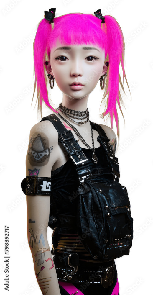 Asian girl character in punk style. Bright urban, street fashion outfit on transparent background. Asian girl character in punk style. Bright urban, street fashion outfit on transparent background.