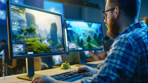 Caucasian Male Game Designer Using Desktop Computer With 3D Modeling Software To Design Unique Characters And worlds fo Immersive RPG Video Game. Man Working In Game Development Company Diverse Office