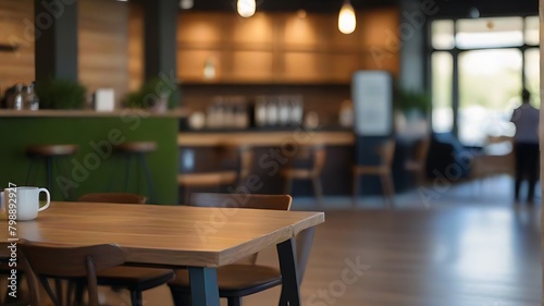 Blurred picture of cashier counter of a coffee shop with menu list on blackboard hanging on the wall behind the counter and shelves for displaying merchandises 