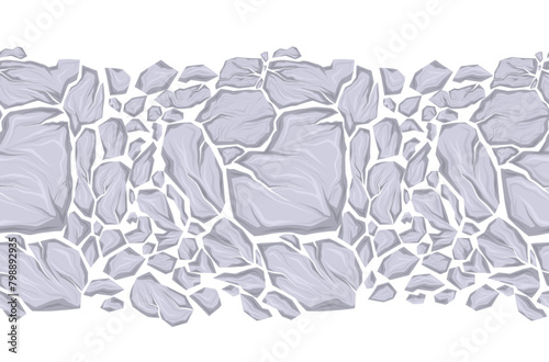 Horizontal vector seamless border with broken white stones isolated from background. Texture frame with smashed marble rocks with cracks for frames and brushes. (ID: 798892935)