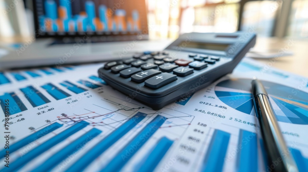 A close-up of a calculator and pen on a desk surrounded by financial reports and graphs, illustrating meticulous financial calculation. A close-up of a calculator and pen on a desk surrounded by financial reports and graphs, illustrating meticulous financial calculation.