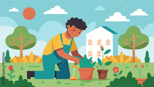A teenager with autism working at a community garden finding joy and purpose in caring for plants and being in nature.. Vector illustration