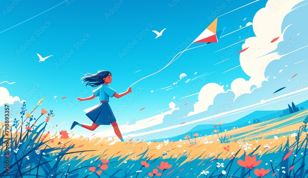A girl running in a field with her colorful kite. 
