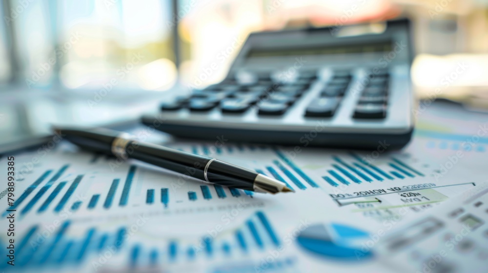 A close-up of a calculator and pen on a desk surrounded by financial reports and graphs, illustrating meticulous financial calculation. A close-up of a calculator and pen on a desk surrounded by financial reports and graphs, illustrating meticulous financial calculation.