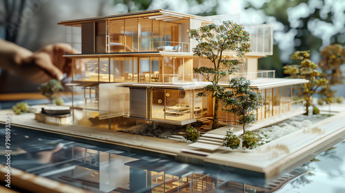 An architectural model of a modern house with a pool made of wood and glass.