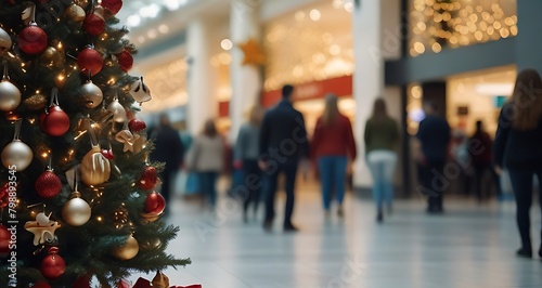 Shopping mall decorated for Christmas time. Crowd of people looking for presents and preparing for the holidays