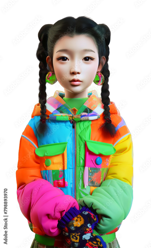 Cute Asian girl character in 90s sylish look. Bright urban, street fashion outfit on transparent background. Cute Asian girl character in 90s sylish look. Bright urban, street fashion outfit on transparent background.