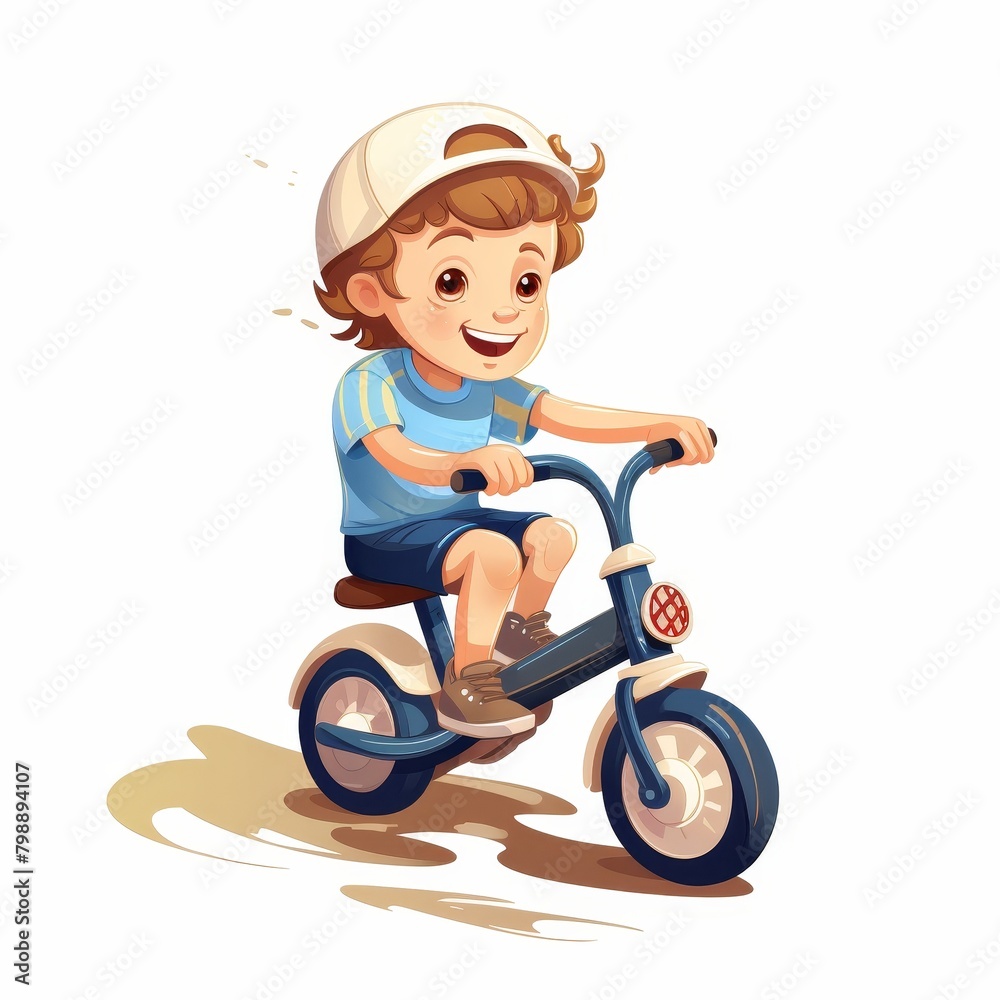 A young boy is riding a blue tricycle A young boy is riding a blue tricycle