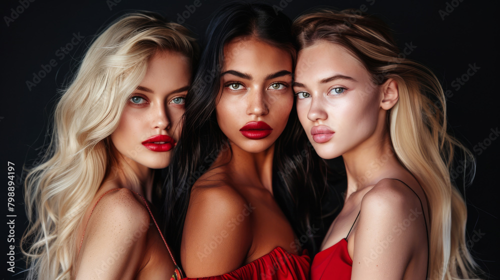 Portrait of three beautiful girls models. An elegant beauty photograph showcasing a close-up portrait of a model with flawless skin and striking features. Portrait of three beautiful girls models. An elegant beauty photograph showcasing a close-up portrait of a model with flawless skin and striking features.