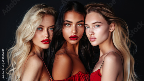 Portrait of three beautiful girls models. An elegant beauty photograph showcasing a close-up portrait of a model with flawless skin and striking features.