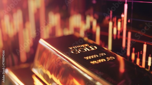 A close-up of a golden bar with fluctuating gold price graphs in the background, symbolizing the dynamics of the gold market.