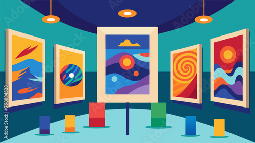 An exhibit of abstract paintings by artists with sensory processing disorder visually representing how they experience and interpret the world around. Vector illustration