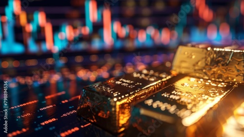 A close-up of a golden bar with fluctuating gold price graphs in the background, symbolizing the dynamics of the gold market.