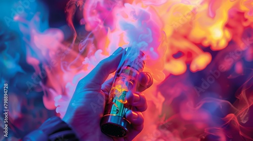 A close-up of a hand holding a colorful vape device emitting swirling clouds of flavored vapor. photo