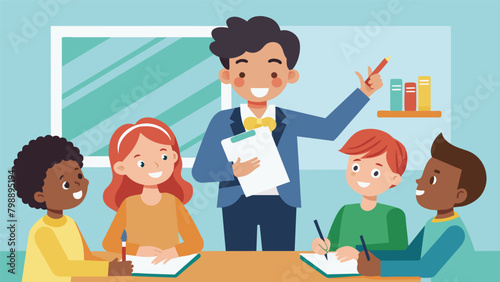 A teacher leads a classroom full of students in a handwriting competition encouraging them to showcase their best penmanship and creativity.