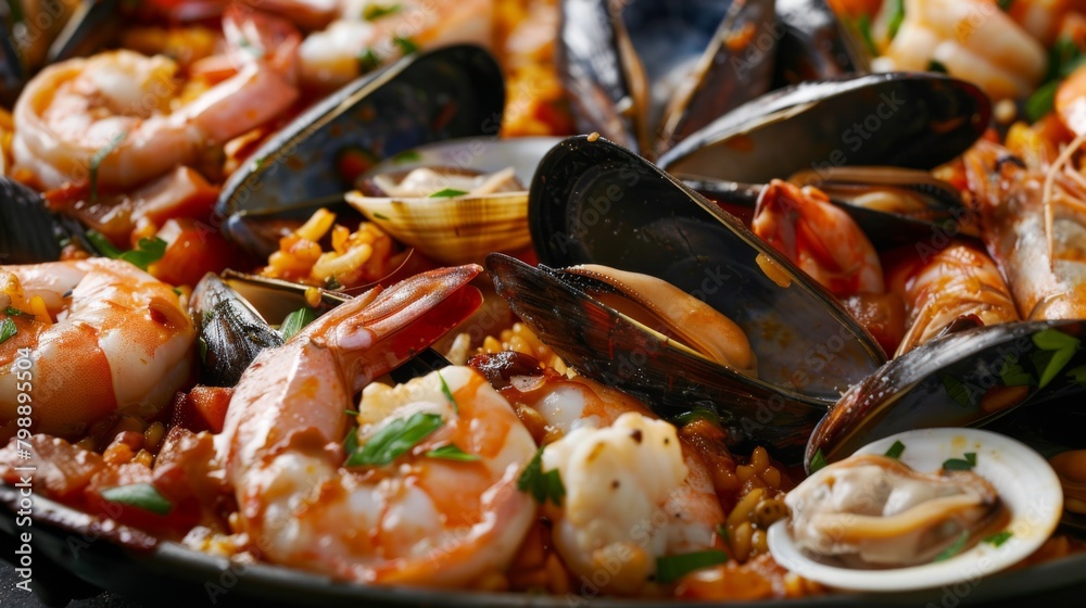 A close-up of a mouthwatering seafood paella dish, brimming with shrimp, mussels, clams, and squid, served in a traditional pan. A close-up of a mouthwatering seafood paella dish, brimming with shrimp, mussels, clams, and squid, served in a traditional pan.