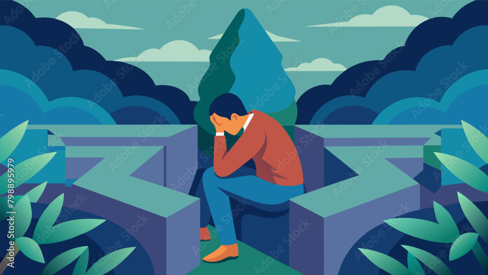Deep within the maze a solitary figure sits a the hedges lost in thought. Its not until their friends find them that they finally open up about their. Vector illustration Deep within the maze a solitary figure sits a the hedges lost in thought. Its not until their friends find them that they finally open up about their. Vector illustration