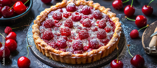 Bakewell Tart is a British dessert featuring a shortcrust pastry base filled with almond frangipane and raspberry jam, topped with a layer of icing or  cherries photo
