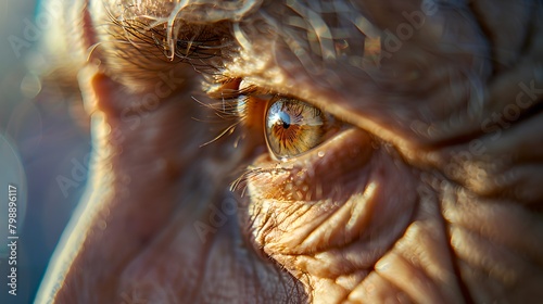 Close-up View of an Elderly Person's Eye. Wrinkled Skin Texture. Insightful Gaze Captured in Natural Light. Expressive Human Feature. AI © Irina Ukrainets