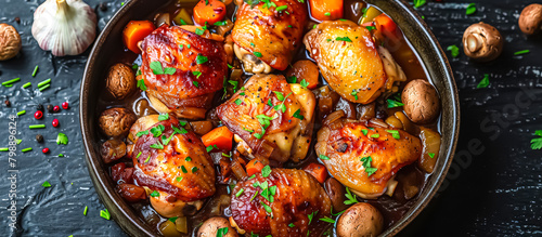 Coq au vin is a classic French dish consisting of chicken braised with red wine, mushrooms, onions, garlic, and sometimes bacon or lardons photo