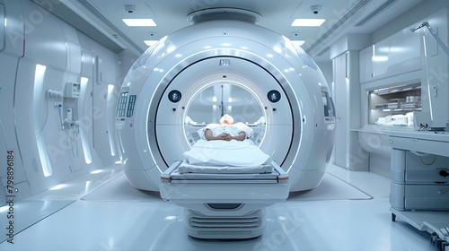An MRI machine sits in a hospital room under a ceiling light