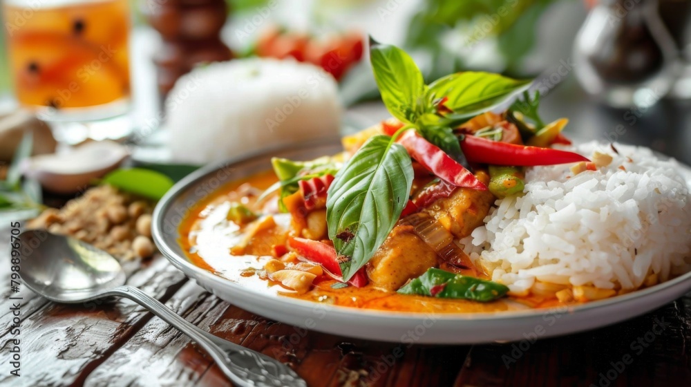 A close-up of a plate of colorful and aromatic Thai curry served with steamed rice, representing Thai culinary delights. A close-up of a plate of colorful and aromatic Thai curry served with steamed rice, representing Thai culinary delights.