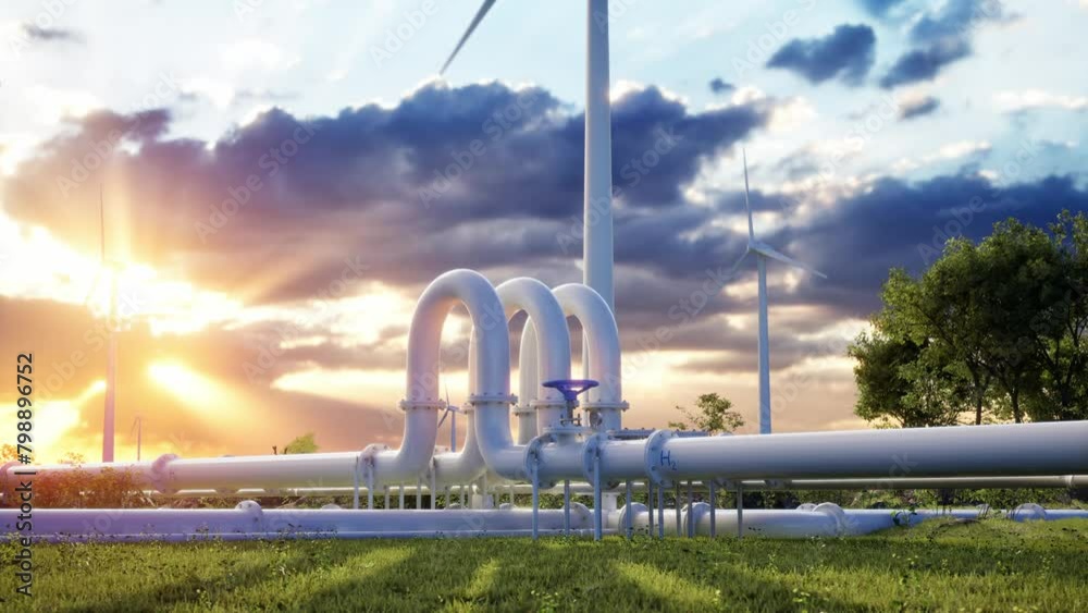 Hydrogen Pipeline And Wind Turbines. Photovoltaic Panels Enhance Clean Energy Generation. Sunset Hydrogen Pipeline And Wind Turbines. Photovoltaic Panels Enhance Clean Energy Generation. Sunset