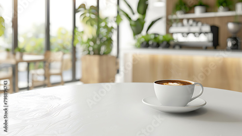 Cup of coffee on table in cafe, closeup. Space for text