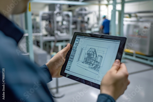 Engineer Reviewing Blueprints on Tablet