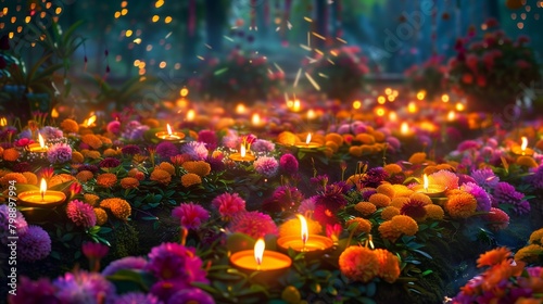 Amidst the serene Diwali night, a vast garden comes to life with vibrant colors as flowers bloom under the moonlit sky