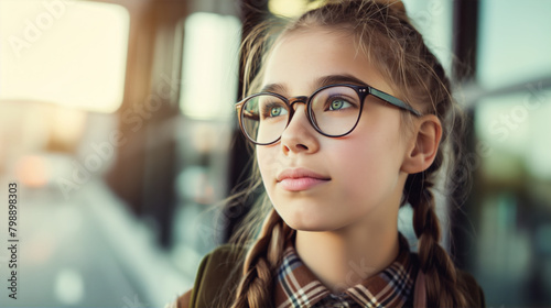 Young girl with braided hair and glasses looks pensively out of a window, the evening light casting a warm glow on her contemplative face in a serene indoor setting