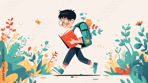 Happy school boy going with schoolbag and book in h photo