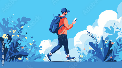 Happy smartphone user walking and using mobile phon