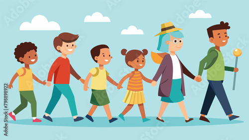 Children and elders joined in the march symbolizing the passing of knowledge and determination to future generations.. Vector illustration