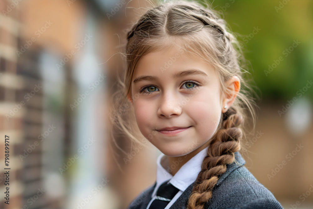 Portrait of a joyful young girl with braided hair, wearing a school uniform, standing outdoors with a blurred background, capturing the essence of childhood and education Portrait of a joyful young girl with braided hair, wearing a school uniform, standing outdoors with a blurred background, capturing the essence of childhood and education