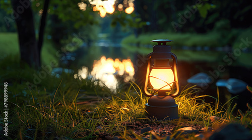 Place a camping light on the ground in the grass. Generative AI. © visoot