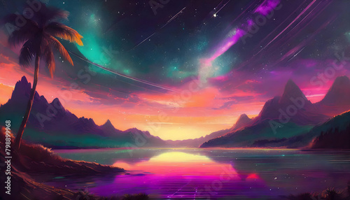 Beautiful scenic view of the red soft sunset over a lake on digital art concept, Generative AI. photo