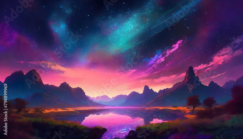 Beautiful scenic view of the red soft sunset over a lake on digital art concept, Generative AI.