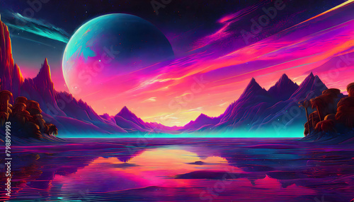 Beautiful scenic view of the red soft sunset over a lake on digital art concept  Generative AI.