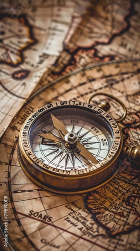 Retro magnetic compass placed on a world map  evoking themes of travel  geography  history  navigation  tourism  and exploration.