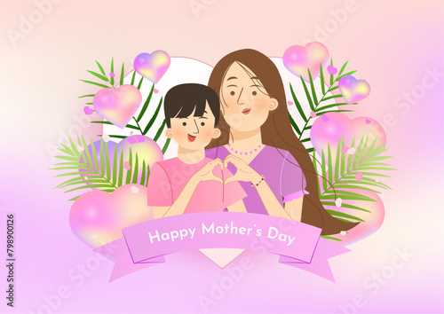 Mothers Day card with flat character family illustration, 3d hearts and blurred gradient background