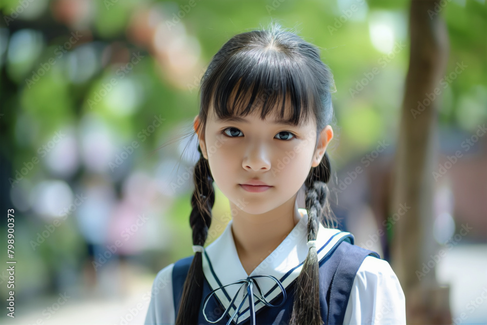 Portrait of a young schoolgirl with braids wearing a school uniform, captured with a soft-focus background in a natural outdoor setting, conveying innocence and the essence of youth Portrait of a young schoolgirl with braids wearing a school uniform, captured with a soft-focus background in a natural outdoor setting, conveying innocence and the essence of youth