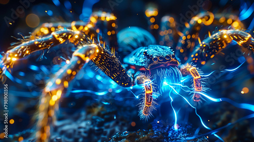 A closeup of a glowing blue spark leaping across the intricate wiring of a clockwork spider giving it life and movement